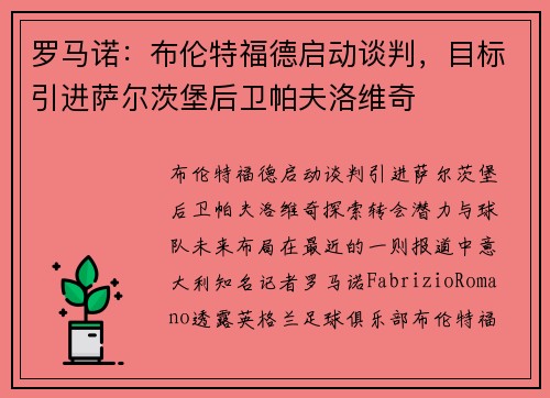 罗马诺：布伦特福德启动谈判，目标引进萨尔茨堡后卫帕夫洛维奇